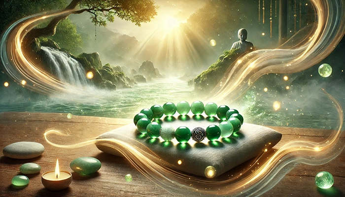 DALL%C2%B7E 2025 11 04 12.40.39 A wide aspect spiritual and elegant scene featuring a jade bracelet %E7%BF%A1%E7%BF%A0%E3%81%AE%E3%83%95%E3%82%99%E3%83%AC%E3%82%B9%E3%83%AC%E3%83%83%E3%83%88 glowing with mystical energy. The bracelet is made of polished green j - 翡翠が合う人とは？効果を最大限に活かす人の特徴をスピリチュアル視点で解説！