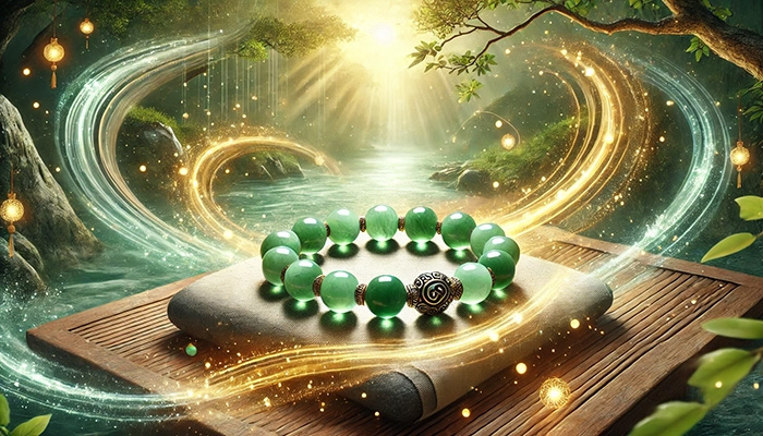 DALL%C2%B7E 2025 11 04 12.40.50 A wide aspect spiritual and elegant scene featuring a jade bracelet %E7%BF%A1%E7%BF%A0%E3%81%AE%E3%83%95%E3%82%99%E3%83%AC%E3%82%B9%E3%83%AC%E3%83%83%E3%83%88 glowing with mystical energy. The bracelet is made of polished green j - 翡翠が合う人とは？効果を最大限に活かす人の特徴をスピリチュアル視点で解説！
