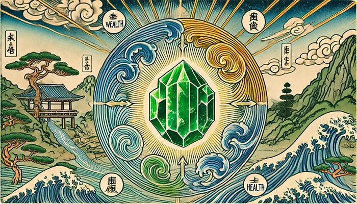 DALL%C2%B7E 2025 11 04 12.42.09 A wide aspect ukiyo e style illustration representing the power of jade %E7%BF%A1%E7%BF%A0 for improving wealth career and health. In the center a stylized raw j - 翡翠が合う人とは？効果を最大限に活かす人の特徴をスピリチュアル視点で解説！