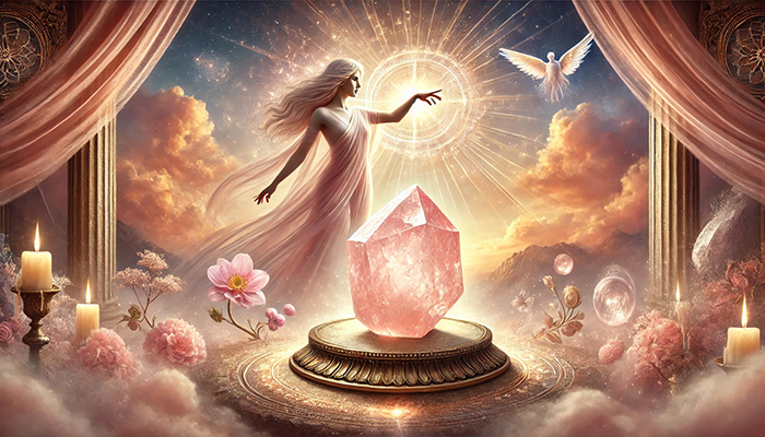 ローズクォーツの効果とは?合う人が得られるスピリチュアルな恩恵! DALL%C2%B7E 2025 11 04 14.56.27 A wide aspect mystical and spiritual scene featuring a glowing raw rose quartz crystal and a radiant goddess figure symbolizing the spiritual benefit - ローズクォーツの効果とは?合う人が得られるスピリチュアルな恩恵!