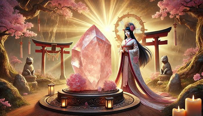ローズクォーツの効果とは?合う人が得られるスピリチュアルな恩恵! DALL%C2%B7E 2025 11 04 14.57.02 A wide aspect mystical scene inspired by Japanese mythology featuring a glowing raw rose quartz crystal and a Shinto style goddess representing love - ローズクォーツの効果とは?合う人が得られるスピリチュアルな恩恵!