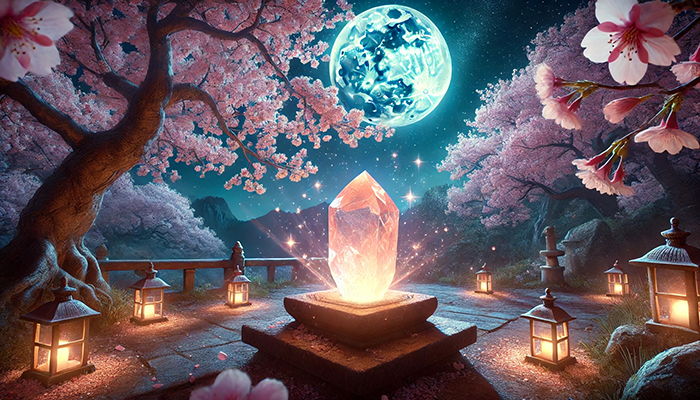 ローズクォーツの効果とは?合う人が得られるスピリチュアルな恩恵! DALL%C2%B7E 2025 11 04 14.59.23 A wide aspect mystical night scene featuring a glowing raw rose quartz crystal under blooming cherry blossom trees sakura at night. The rose quartz - ローズクォーツの効果とは?合う人が得られるスピリチュアルな恩恵!