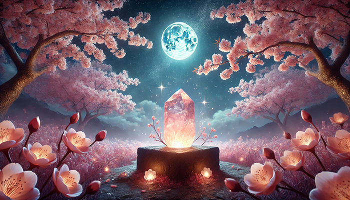 ローズクォーツの効果とは?合う人が得られるスピリチュアルな恩恵! DALL%C2%B7E 2025 11 04 14.59.25 A wide aspect mystical night scene featuring a glowing raw rose quartz crystal under blooming cherry blossom trees sakura at night. The rose quartz - ローズクォーツの効果とは?合う人が得られるスピリチュアルな恩恵!