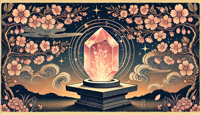 ローズクォーツの効果とは?合う人が得られるスピリチュアルな恩恵! DALL%C2%B7E 2025 11 04 14.59.56 A wide aspect ukiyo e style illustration of a glowing rose quartz crystal beneath blooming cherry blossom trees at night. The rose quartz softly glow - ローズクォーツの効果とは?合う人が得られるスピリチュアルな恩恵!