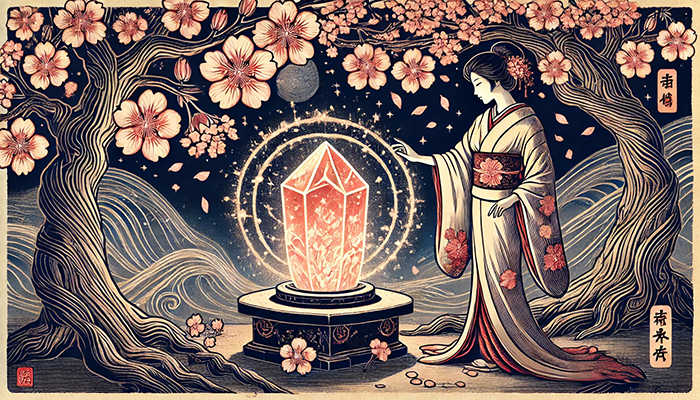 ローズクォーツの効果とは?合う人が得られるスピリチュアルな恩恵! DALL%C2%B7E 2025 11 04 15.00.49 A wide aspect ukiyo e style illustration featuring a glowing rose quartz crystal beneath blooming cherry blossom trees at night with a graceful Japan - ローズクォーツの効果とは?合う人が得られるスピリチュアルな恩恵!