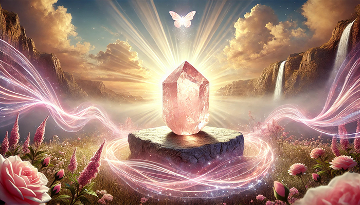 ローズクォーツの効果とは?合う人が得られるスピリチュアルな恩恵! DALL%C2%B7E 2025 11 04 16.11.24 A wide aspect serene and spiritual scene representing why rose quartz resonates with certain people emphasizing love and healing energy. At the cente - ローズクォーツの効果とは?合う人が得られるスピリチュアルな恩恵!