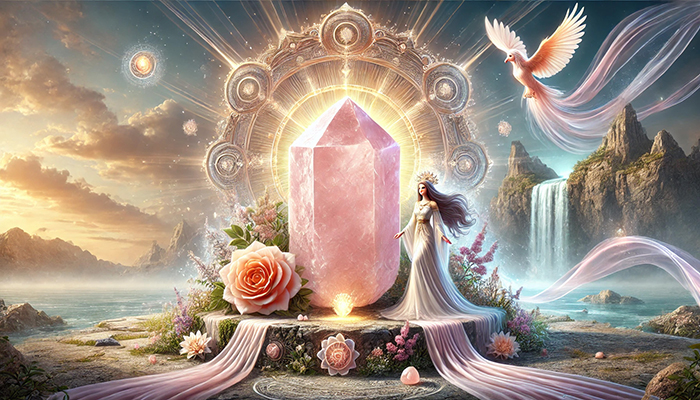 ローズクォーツの効果とは?合う人が得られるスピリチュアルな恩恵! DALL%C2%B7E 2025 11 04 17.11.19 A wide aspect spiritual scene depicting the qualities of people who resonate with rose quartz featuring a glowing raw rose quartz crystal a radiant - ローズクォーツの効果とは?合う人が得られるスピリチュアルな恩恵!