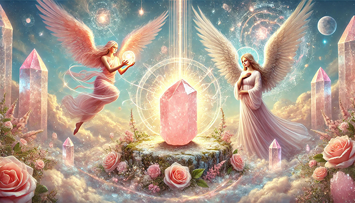 ローズクォーツの効果とは?合う人が得られるスピリチュアルな恩恵! DALL%C2%B7E 2025 11 04 17.12.22 A wide aspect spiritual and ethereal scene depicting the qualities of people who resonate with rose quartz featuring a glowing raw rose quartz crysta - ローズクォーツの効果とは?合う人が得られるスピリチュアルな恩恵!