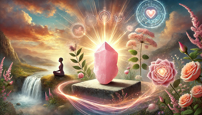 ローズクォーツの効果とは?合う人が得られるスピリチュアルな恩恵! DALL%C2%B7E 2025 11 04 17.13.16 A wide aspect spiritual and calming scene representing the characteristics of people who resonate with rose quartz featuring a glowing raw rose quart - ローズクォーツの効果とは?合う人が得られるスピリチュアルな恩恵!