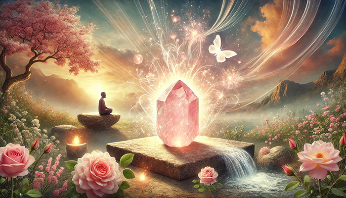 ローズクォーツの効果とは?合う人が得られるスピリチュアルな恩恵! DALL%C2%B7E 2025 11 04 17.13.20 A wide aspect spiritual and calming scene representing the characteristics of people who resonate with rose quartz featuring a glowing raw rose quart - ローズクォーツの効果とは?合う人が得られるスピリチュアルな恩恵!