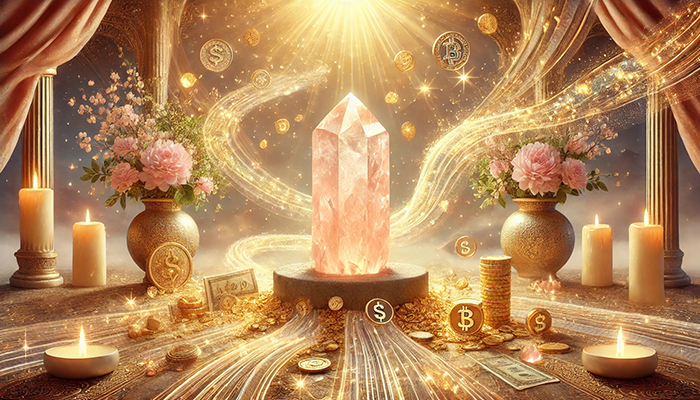 ローズクォーツの効果とは?合う人が得られるスピリチュアルな恩恵! DALL%C2%B7E 2025 11 04 17.13.56 A wide aspect spiritual and elegant scene illustrating how rose quartz can attract financial abundance for people it resonates with. In the center a - ローズクォーツの効果とは?合う人が得られるスピリチュアルな恩恵!