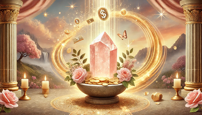 ローズクォーツの効果とは?合う人が得られるスピリチュアルな恩恵! DALL%C2%B7E 2025 11 04 17.13.58 A wide aspect spiritual and elegant scene illustrating how rose quartz can attract financial abundance for people it resonates with. In the center a - ローズクォーツの効果とは?合う人が得られるスピリチュアルな恩恵!