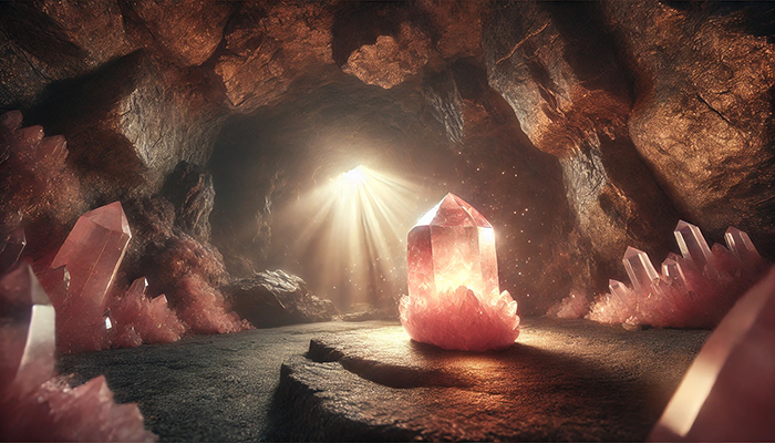 ローズクォーツの効果とは?合う人が得られるスピリチュアルな恩恵! DALL%C2%B7E 2025 11 04 17.27.15 A wide aspect mystical and atmospheric scene depicting the perfect timing when a person resonates with the energy of rose quartz. A glowing raw rose q - ローズクォーツの効果とは?合う人が得られるスピリチュアルな恩恵!