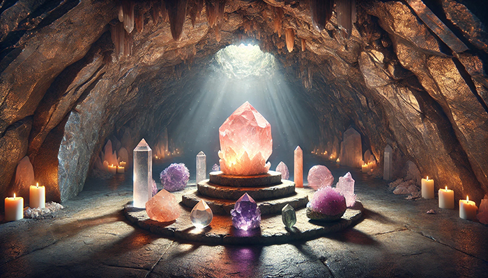 ローズクォーツの効果とは?合う人が得られるスピリチュアルな恩恵! DALL%C2%B7E 2025 11 04 17.28.31 A wide aspect mystical and serene scene inside a natural crystal cave featuring a glowing raw rose quartz crystal surrounded by five other complement - ローズクォーツの効果とは?合う人が得られるスピリチュアルな恩恵!