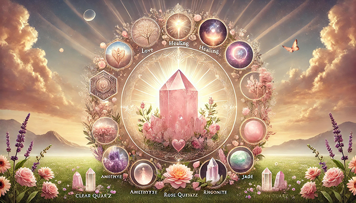 ローズクォーツの効果とは?合う人が得られるスピリチュアルな恩恵! DALL%C2%B7E 2025 11 04 17.28.39 A wide aspect elegant and spiritual scene representing a complete guide to rose quartz and the types of people it resonates with. At the center is a l - ローズクォーツの効果とは?合う人が得られるスピリチュアルな恩恵!