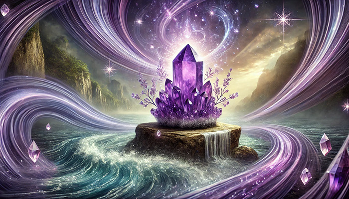 アメジストが合う人とは?スピリチュアルな効果と相性を徹底解説! DALL%C2%B7E 2025 11 06 10.22.43 A wide aspect spiritual and mystical scene showing a radiant amethyst cluster crystal surrounded by flowing waves of spiritual energy. The amethyst cr - アメジストが合う人とは?スピリチュアルな効果と相性を徹底解説!