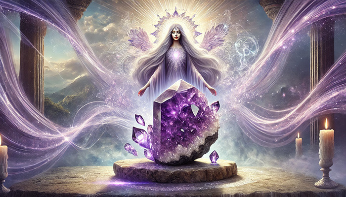 アメジストが合う人とは?スピリチュアルな効果と相性を徹底解説! DALL%C2%B7E 2025 11 06 10.24.03 A wide aspect mystical and spiritual scene featuring a radiant amethyst cluster crystal divine energy and a serene goddess figure. The amethyst clus - アメジストが合う人とは?スピリチュアルな効果と相性を徹底解説!
