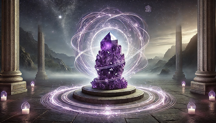 アメジストが合う人とは?スピリチュアルな効果と相性を徹底解説! DALL%C2%B7E 2025 11 06 10.25.06 A wide aspect mystical scene centered around a glowing amethyst cluster crystal radiating spiritual power. The crystal has rich purple hues and sits o - アメジストが合う人とは?スピリチュアルな効果と相性を徹底解説!