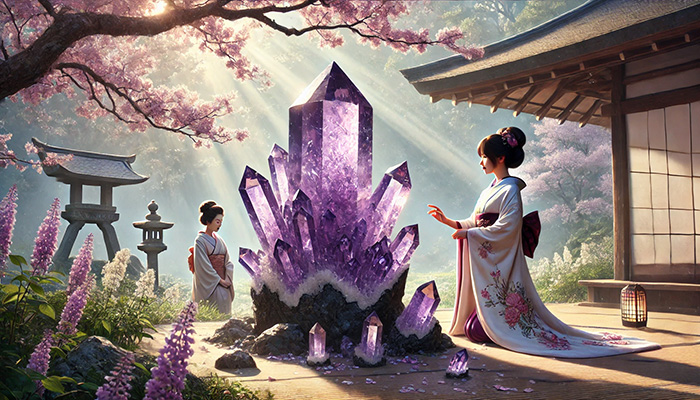 アメジストが合う人とは?スピリチュアルな効果と相性を徹底解説! DALL%C2%B7E 2025 11 06 10.29.49 A wide aspect spiritual scene in a traditional Japanese Wafu style featuring a mother rock based amethyst cluster crystal. The crystal has a dark ho - アメジストが合う人とは?スピリチュアルな効果と相性を徹底解説!