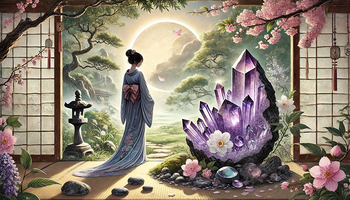 アメジストが合う人とは?スピリチュアルな効果と相性を徹底解説! DALL%C2%B7E 2025 11 06 10.30.45 A wide aspect peaceful spiritual scene in traditional Japanese Wafu style featuring a natural amethyst cluster crystal with a dark host rock base w - アメジストが合う人とは?スピリチュアルな効果と相性を徹底解説!