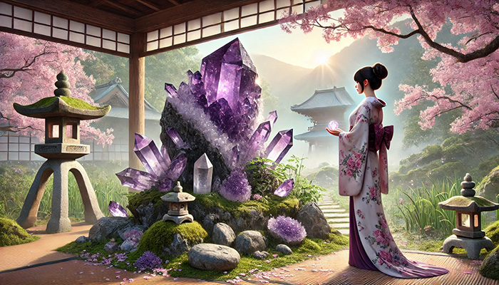 アメジストが合う人とは?スピリチュアルな効果と相性を徹底解説! DALL%C2%B7E 2025 11 06 10.30.48 A wide aspect peaceful spiritual scene in traditional Japanese Wafu style featuring a natural amethyst cluster crystal with a dark host rock base w - アメジストが合う人とは?スピリチュアルな効果と相性を徹底解説!