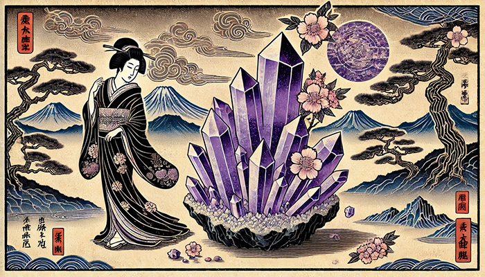 アメジストが合う人とは?スピリチュアルな効果と相性を徹底解説! DALL%C2%B7E 2025 11 06 10.34.14 A wide aspect scene in traditional Ukiyo e art style depicting a serene Japanese woman in a flowing kimono standing near a large amethyst cluster crys - アメジストが合う人とは?スピリチュアルな効果と相性を徹底解説!