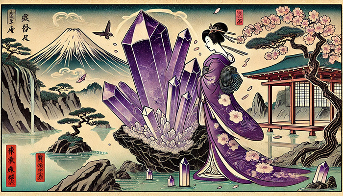 アメジストが合う人とは?スピリチュアルな効果と相性を徹底解説! DALL%C2%B7E 2025 11 06 10.34.17 A wide aspect scene in traditional Ukiyo e art style depicting a serene Japanese woman in a flowing kimono standing near a large amethyst cluster crys - アメジストが合う人とは?スピリチュアルな効果と相性を徹底解説!