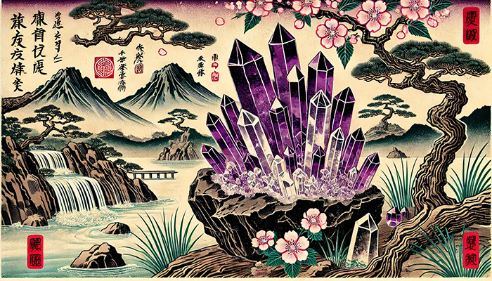 アメジストが合う人とは?スピリチュアルな効果と相性を徹底解説! DALL%C2%B7E 2025 11 06 10.34.58 A wide aspect scene in traditional Ukiyo e art style featuring a large amethyst cluster crystal without any people. The crystal has a dark host rock b - アメジストが合う人とは?スピリチュアルな効果と相性を徹底解説!