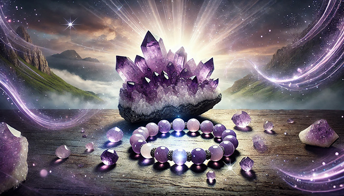 アメジストが合う人とは?スピリチュアルな効果と相性を徹底解説! DALL%C2%B7E 2025 11 06 10.36.35 A wide aspect spiritual scene featuring two key elements a natural amethyst cluster crystal with a dark host rock base and an amethyst bracelet both - アメジストが合う人とは?スピリチュアルな効果と相性を徹底解説!