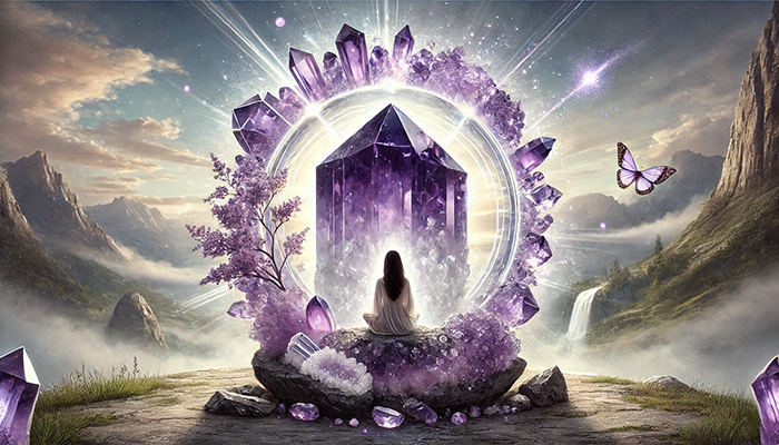 アメジストが合う人とは?スピリチュアルな効果と相性を徹底解説! DALL%C2%B7E 2025 11 06 10.40.36 A wide aspect spiritual scene depicting the ideal type of person who resonates with amethyst from a spiritual perspective. At the center is a natural - アメジストが合う人とは?スピリチュアルな効果と相性を徹底解説!