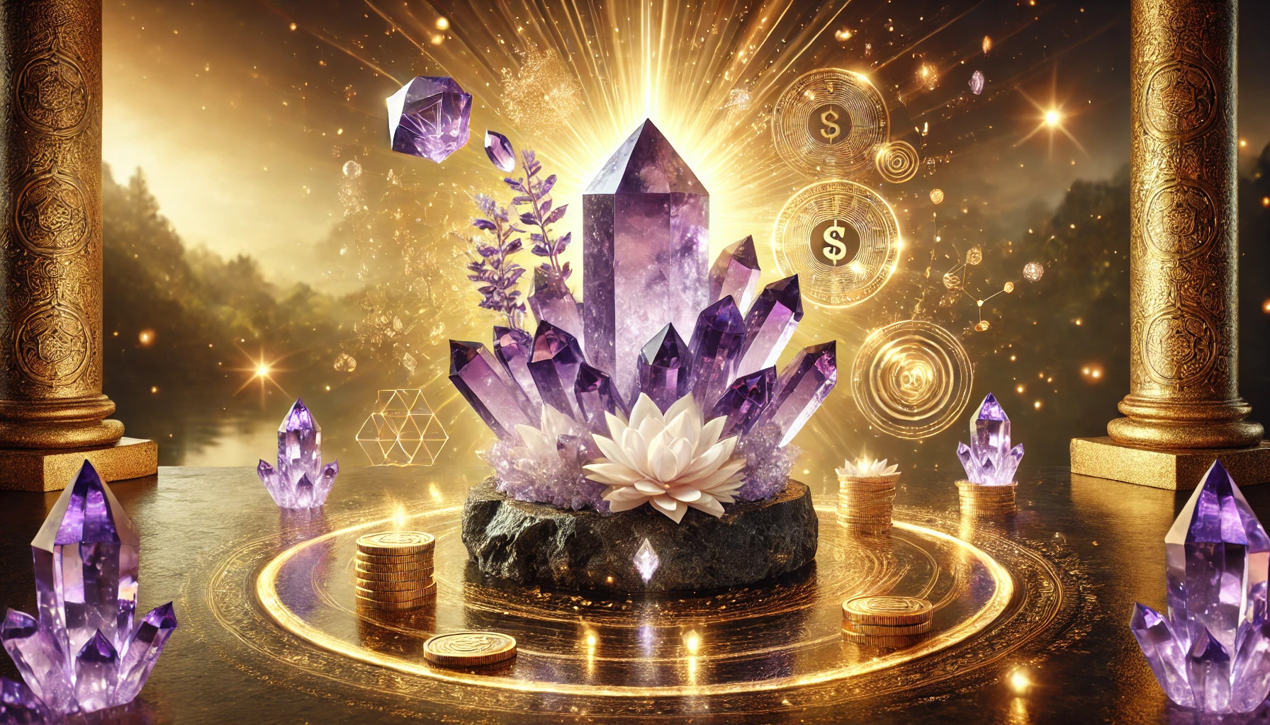 アメジストが合う人とは?スピリチュアルな効果と相性を徹底解説! DALL%C2%B7E 2025 11 06 10.42.38 A wide aspect spiritual and luxurious scene focused on amethysts connection to attracting wealth. In the center a radiant amethyst crystal cluster s - アメジストが合う人とは?スピリチュアルな効果と相性を徹底解説!