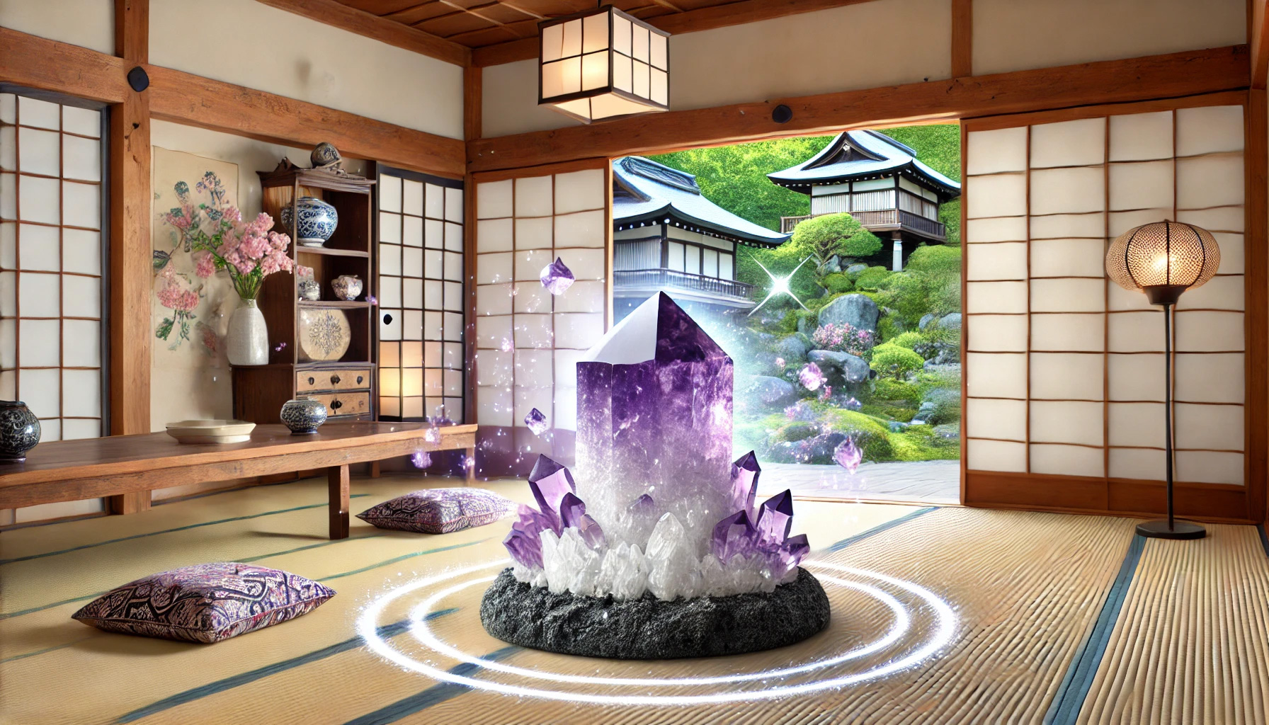 アメジストが合う人とは?スピリチュアルな効果と相性を徹底解説! DALL%C2%B7E 2025 11 06 10.43.36 A wide aspect scene blending spiritual energy with a peaceful everyday Japanese setting. At the center is a natural amethyst cluster crystal with a d - アメジストが合う人とは?スピリチュアルな効果と相性を徹底解説!