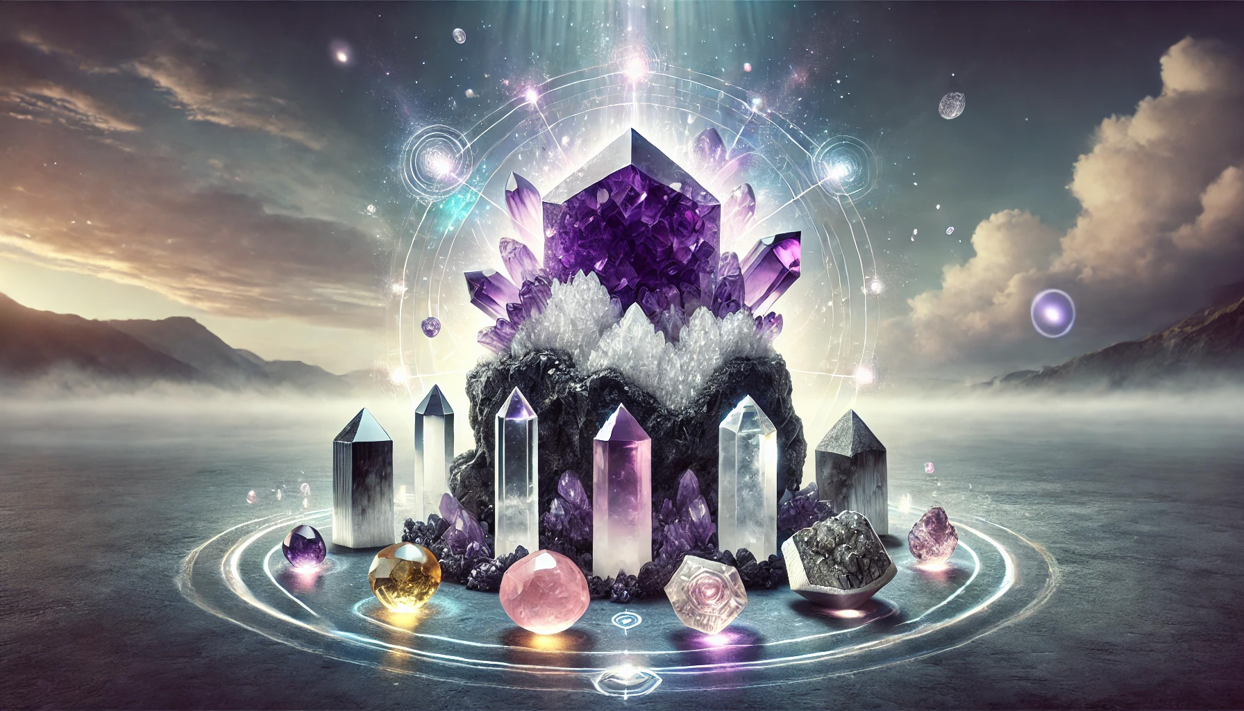 アメジストが合う人とは?スピリチュアルな効果と相性を徹底解説! DALL%C2%B7E 2025 11 06 10.46.28 A wide aspect spiritual composition featuring a natural amethyst crystal cluster with a dark host rock base accompanied by five complementary crystal - アメジストが合う人とは?スピリチュアルな効果と相性を徹底解説!