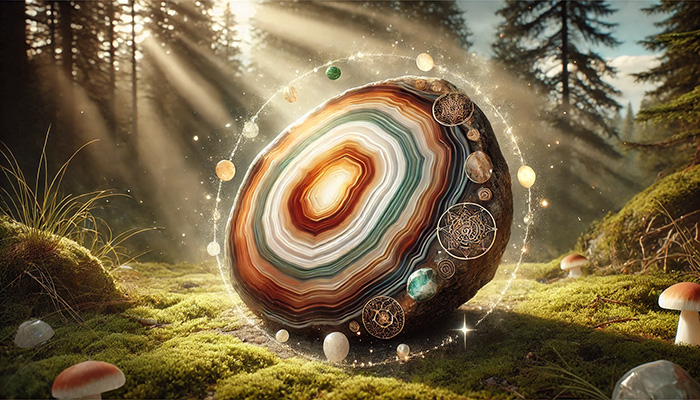 DALL%C2%B7E 2025 11 07 12.04.26 A wide aspect spiritual image centered around a natural agate crystal symbolizing wealth health and longevity. The agate stone features layered ban - アゲートの石言葉とは？富・健康・長寿をもたらす天然石