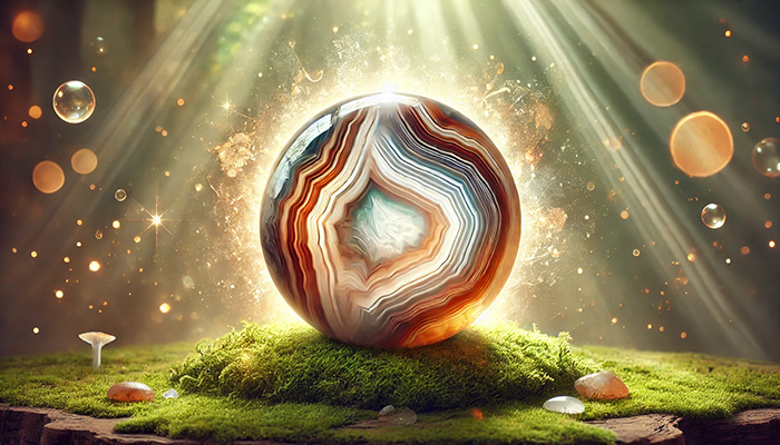 DALL%C2%B7E 2025 11 07 12.04.38 A wide aspect spiritual image centered around a natural agate crystal symbolizing wealth health and longevity. The agate stone features layered ban - アゲートの石言葉とは？富・健康・長寿をもたらす天然石