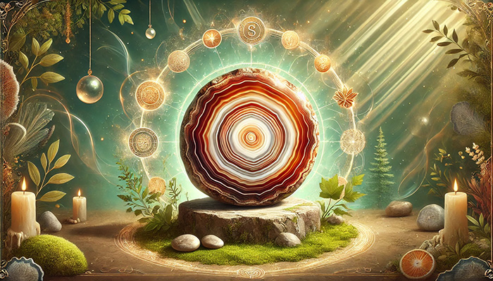 DALL%C2%B7E 2025 11 07 12.05.32 A wide aspect spiritual illustration featuring a natural agate stone as the central focus symbolizing the meanings of wealth health and longevity.  - アゲートの石言葉とは？富・健康・長寿をもたらす天然石