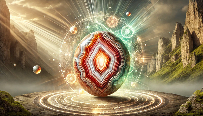 DALL%C2%B7E 2025 11 07 12.06.52 A wide aspect spiritual image highlighting the metaphysical power of agate focusing on its stone meanings  wealth health and longevity. At the cent - アゲートの石言葉とは？富・健康・長寿をもたらす天然石