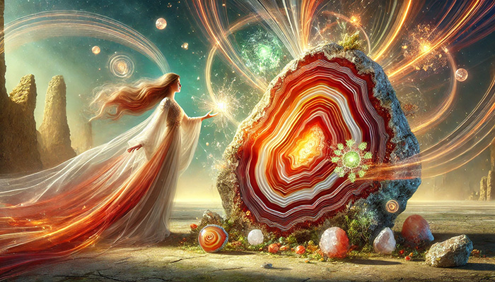 DALL%C2%B7E 2025 11 07 12.08.26 A wide aspect spiritual scene featuring a vibrant agate stone with distinct red orange brown and white banded layers. The agate emits radiant waves - アゲートの石言葉とは？富・健康・長寿をもたらす天然石