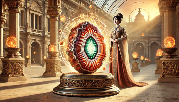 DALL%C2%B7E 2025 11 07 12.09.24 A wide aspect spiritual and historical scene inspired by the ancient use of agate by merchants and royalty. In the center is a glowing banded agate st - アゲートの石言葉とは？富・健康・長寿をもたらす天然石