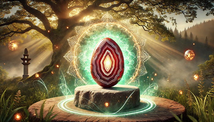 DALL%C2%B7E 2025 11 07 12.12.56 A wide aspect spiritual image centered on a glowing agate stone symbolizing longevity and life force. The agate has rich banded patterns in shades of  - アゲートの石言葉とは？富・健康・長寿をもたらす天然石