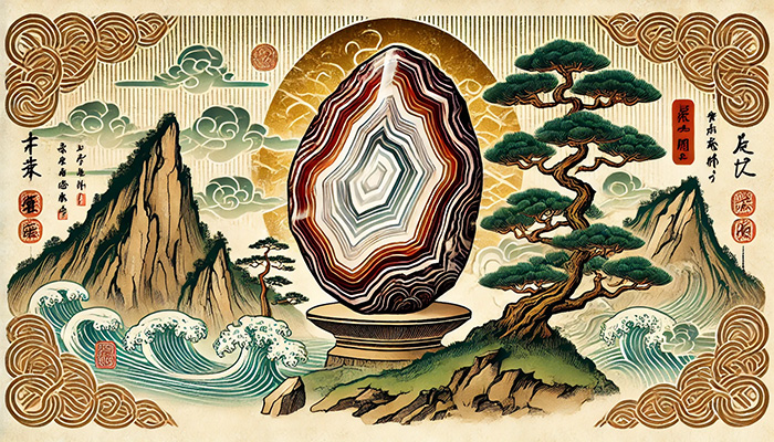 DALL%C2%B7E 2025 11 07 12.13.29 A wide aspect Ukiyo e style illustration centered on an agate stone symbolizing longevity and life force. The agate has bold banded patterns in tradit - アゲートの石言葉とは？富・健康・長寿をもたらす天然石