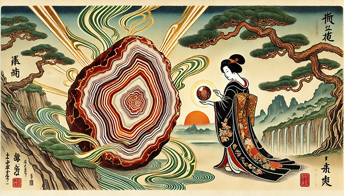 DALL%C2%B7E 2025 11 07 12.14.13 A wide aspect Ukiyo e style illustration featuring an agate stone symbolizing longevity and life force along with a traditional Japanese woman. The a - アゲートの石言葉とは？富・健康・長寿をもたらす天然石