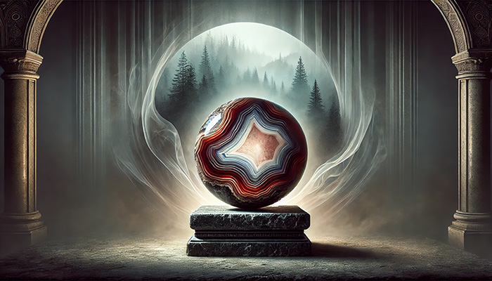 DALL%C2%B7E 2025 11 07 14.18.34 A wide aspect spiritual image exploring the hidden or negative aspects of agates symbolic meaning. In the center a natural agate stone with red bro - アゲートの石言葉とは？富・健康・長寿をもたらす天然石