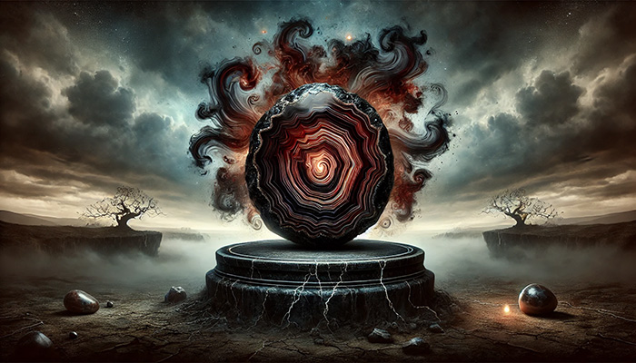 DALL%C2%B7E 2025 11 07 14.19.45 A wide aspect mystical scene emphasizing the negative or intense energetic aspects of agate. In the center a banded agate stone with deep red brown - アゲートの石言葉とは？富・健康・長寿をもたらす天然石