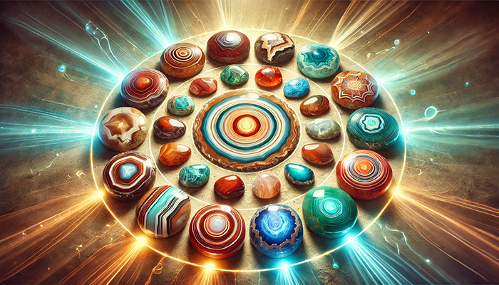 DALL%C2%B7E 2025 11 07 14.23.24 A wide aspect spiritual illustration focused on the symbolic meanings of different colors and patterns in agate stones. The center features a variety  - アゲートの石言葉とは？富・健康・長寿をもたらす天然石