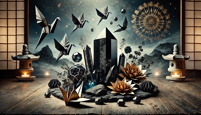 DALL%C2%B7E 2025 11 11 11.26.47 A wide aspect spiritual image featuring a black quartz crystal morion or smoky quartz as a powerful protective stone combined with traditional Japa - 黒水晶の石言葉｜魔除け・お守り・浄化の意味と効果