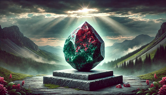 ブラッドストーンの石言葉とは?勇気・献身・救済の意味と効果 DALL%C2%B7E 2025 11 17 18.28.47 A wide aspect spiritual scene focused on a realistic raw bloodstone crystal known for its deep green base color with vivid red speckles symbolizing - ブラッドストーンの石言葉とは?勇気・献身・救済の意味と効果