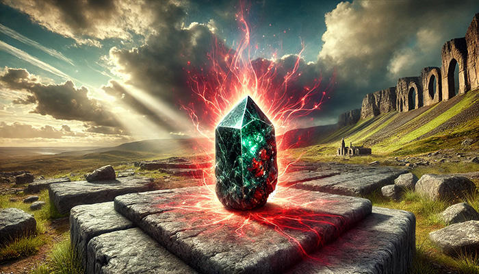 ブラッドストーンの石言葉とは?勇気・献身・救済の意味と効果 DALL%C2%B7E 2025 11 17 18.32.55 A wide aspect spiritual scene based on the meaning of bloodstone courage devotion and salvation. At the center is a realistic raw bloodstone crysta - ブラッドストーンの石言葉とは?勇気・献身・救済の意味と効果