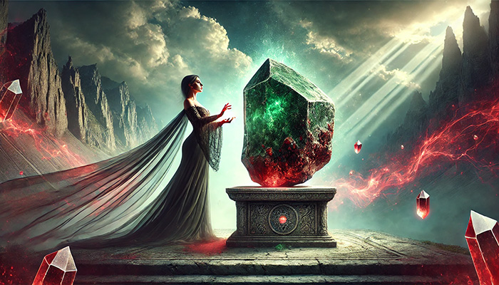 ブラッドストーンの石言葉とは?勇気・献身・救済の意味と効果 DALL%C2%B7E 2025 11 17 18.35.34 A wide aspect mystical scene featuring a raw bloodstone crystal and a serene powerful woman. The bloodstone is dark green with vivid red spots place - ブラッドストーンの石言葉とは?勇気・献身・救済の意味と効果