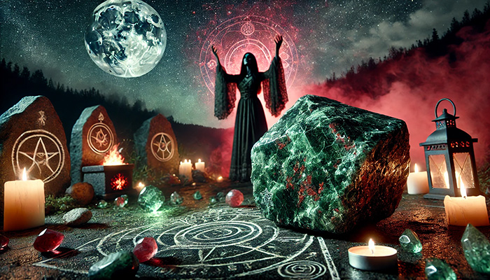 ブラッドストーンの石言葉とは?勇気・献身・救済の意味と効果 DALL%C2%B7E 2025 11 17 18.40.06 A wide aspect mystical night time ritual scene featuring a raw bloodstone crystal with a dark green surface and vivid red speckles. The crystal sits o - ブラッドストーンの石言葉とは?勇気・献身・救済の意味と効果